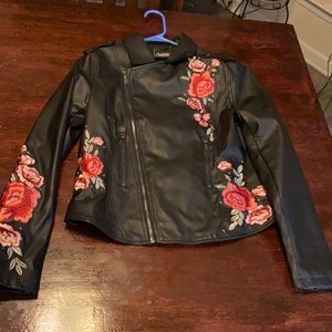 Black Vegan Leather Rose Embroidered Jacket